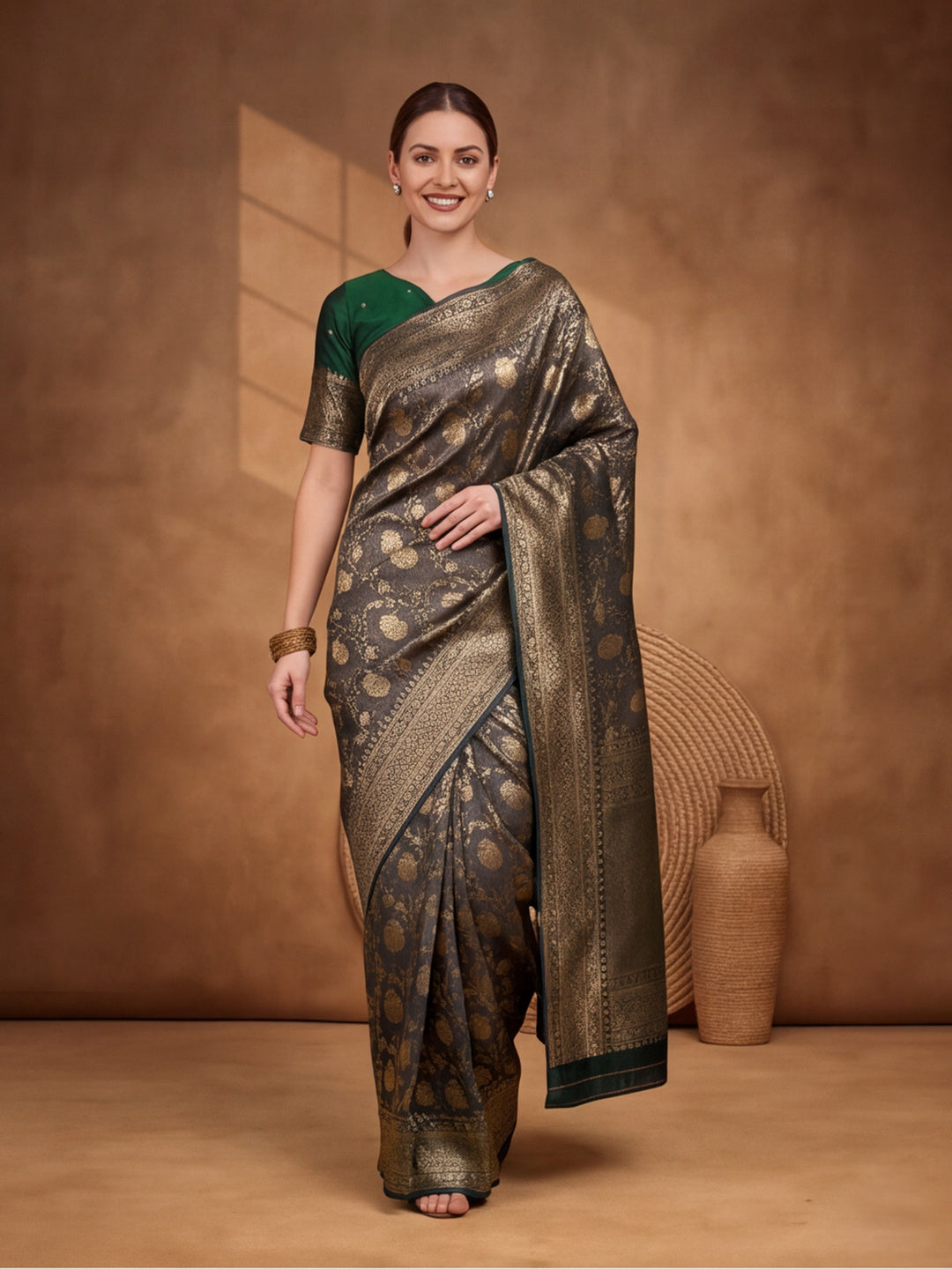Elegant Mehandi Weaving Work Banarasi Silk Saree - By Jaipur Kurti