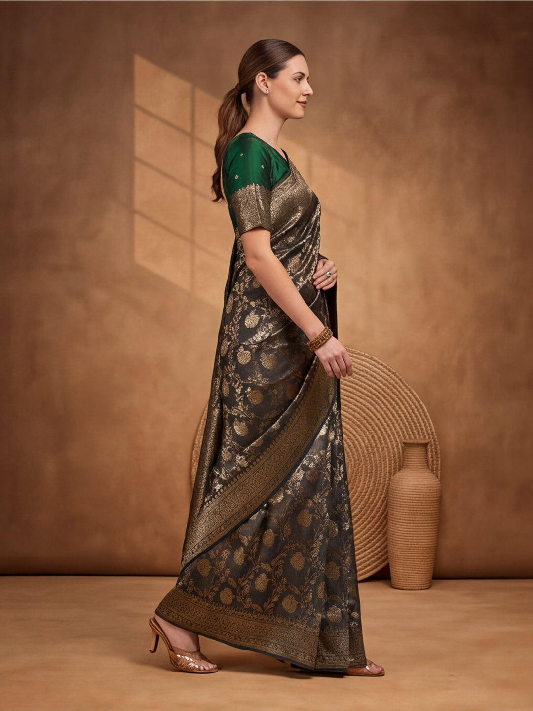 Elegant Mehandi Weaving Work Banarasi Silk Saree - By Jaipur Kurti