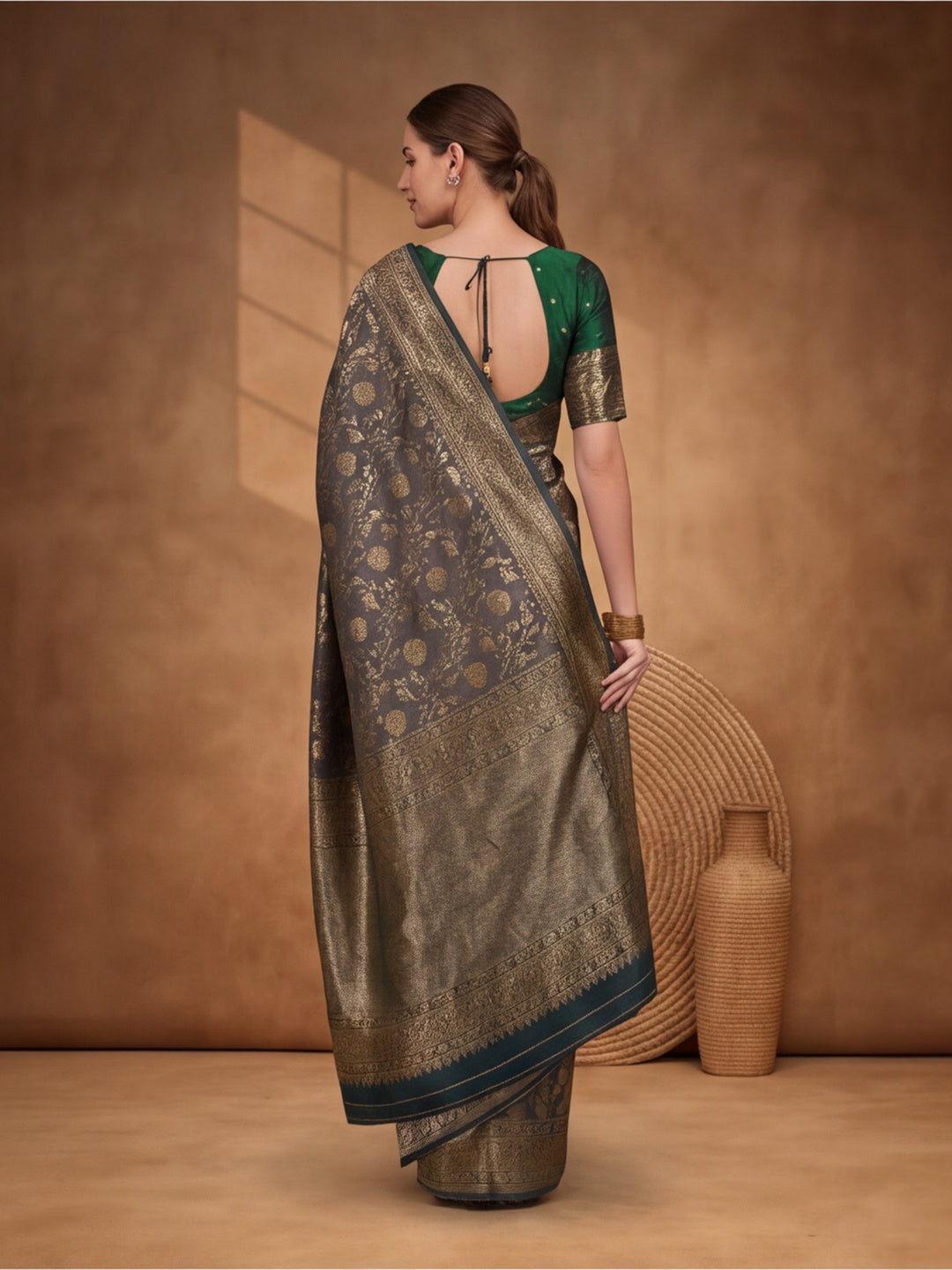 Elegant Mehandi Weaving Work Banarasi Silk Saree - By Jaipur Kurti