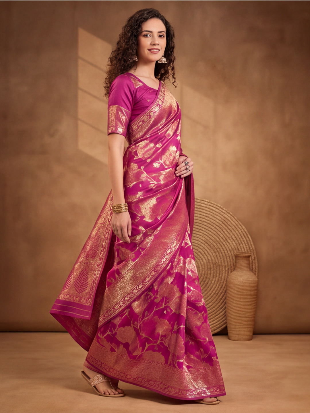 Graceful Pink Weaving Work Banarasi Silk Saree - By Jaipur Kurti