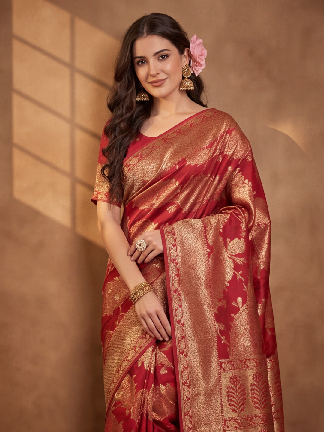 Stunning Red Weaving Work Banarasi Silk Saree - By Jaipur Kurti