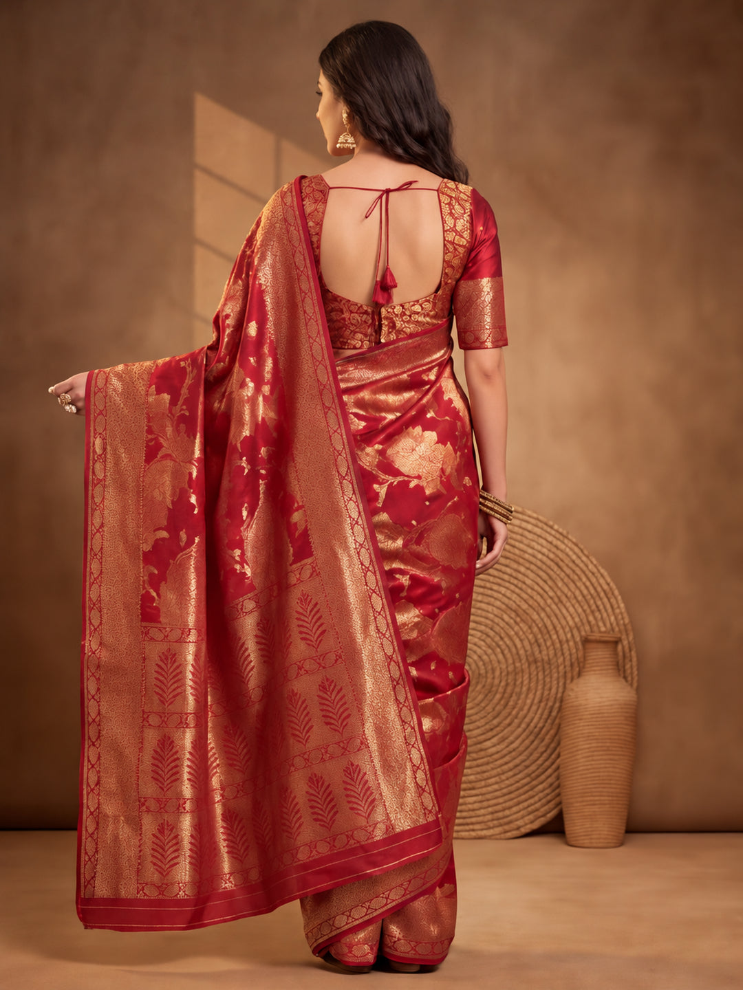 Stunning Red Weaving Work Banarasi Silk Saree - By Jaipur Kurti