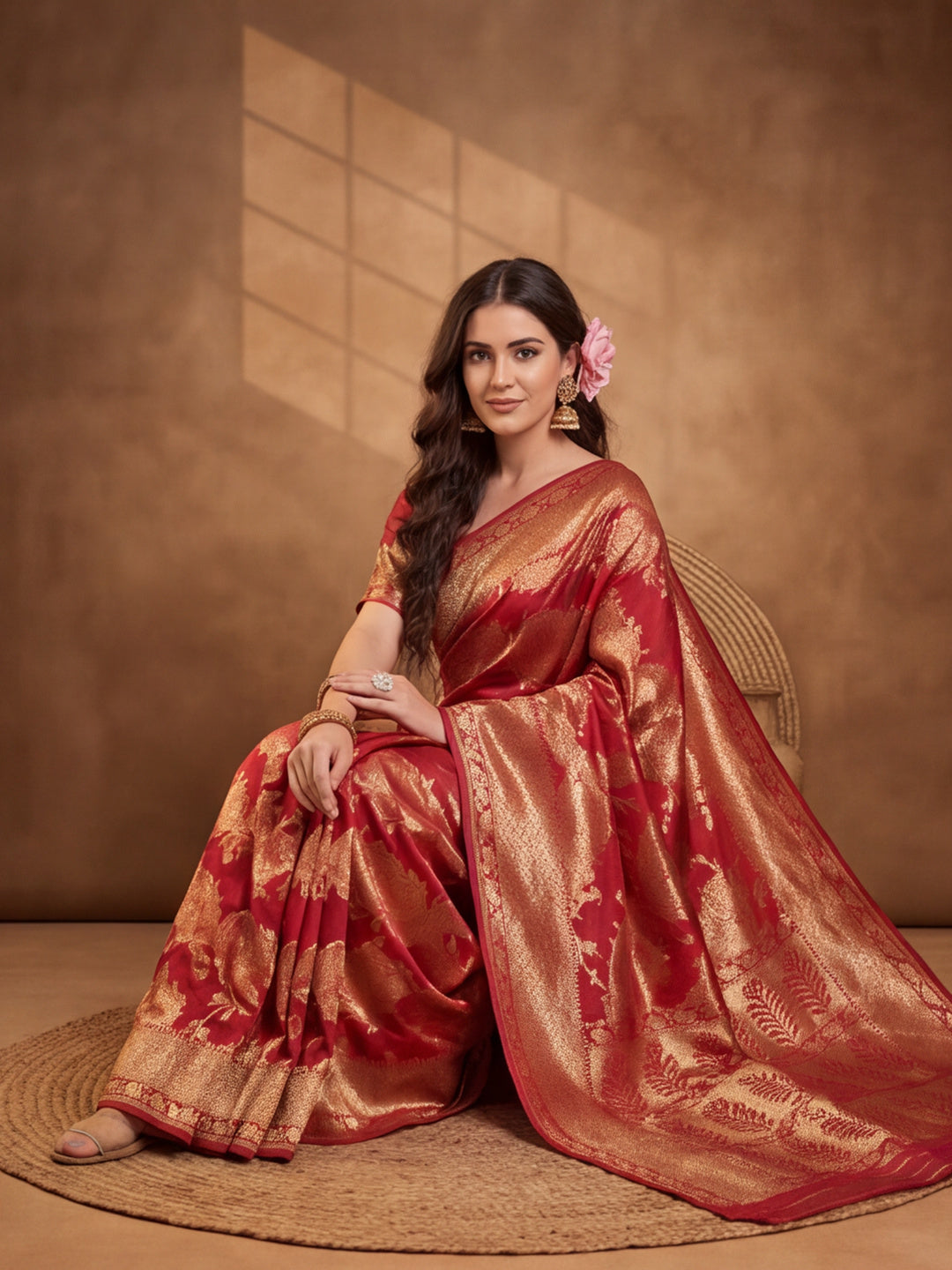 Stunning Red Weaving Work Banarasi Silk Saree - By Jaipur Kurti