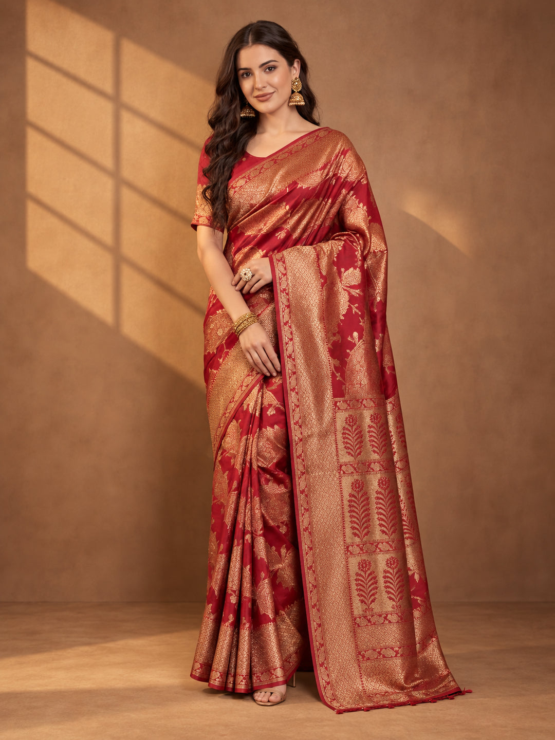 Stunning Red Weaving Work Banarasi Silk Saree - By Jaipur Kurti
