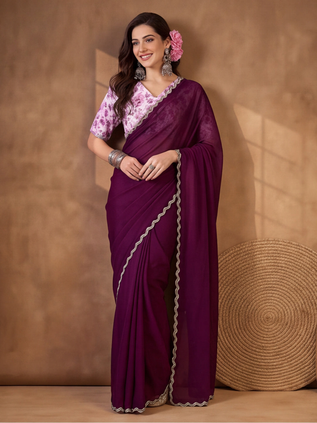Rich Wine Heavy Satin Chiffon Saree with Handcrafted Work – By Jaipur Kurti