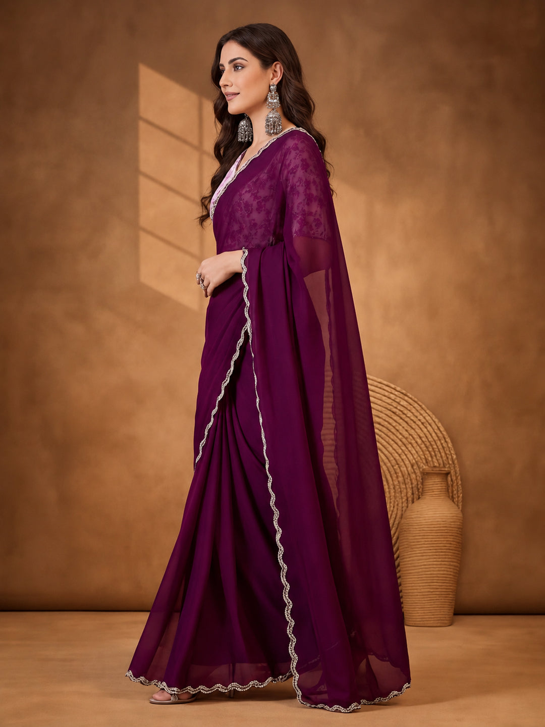 Rich Wine Heavy Satin Chiffon Saree with Handcrafted Work – By Jaipur Kurti
