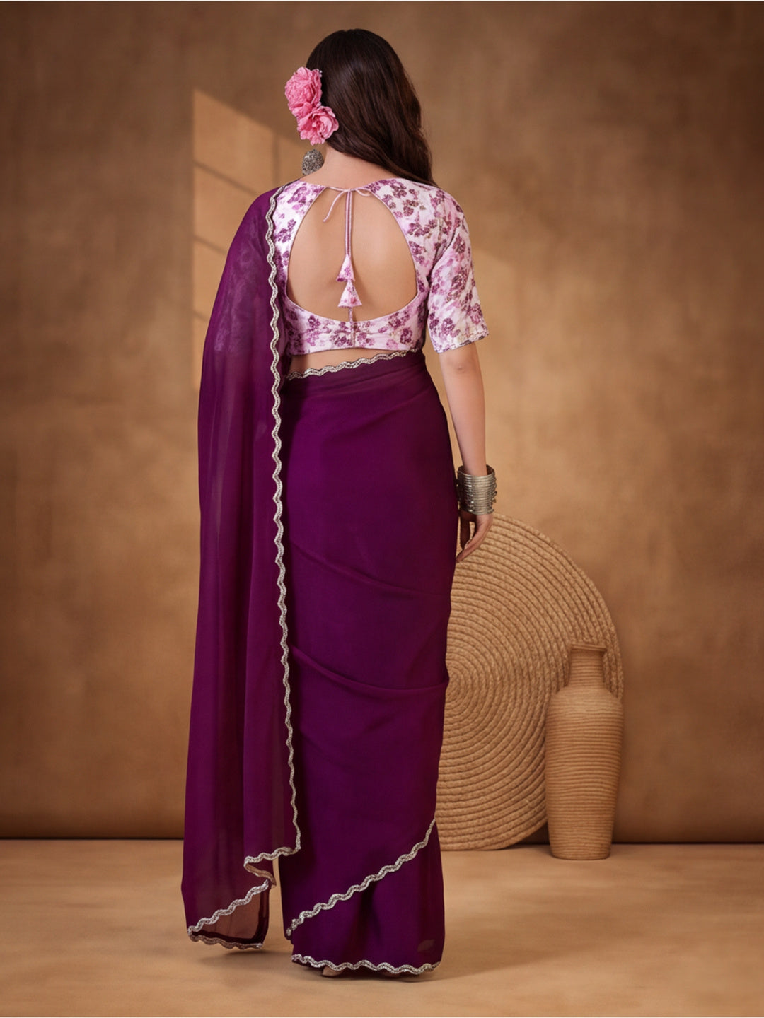 Rich Wine Heavy Satin Chiffon Saree with Handcrafted Work – By Jaipur Kurti