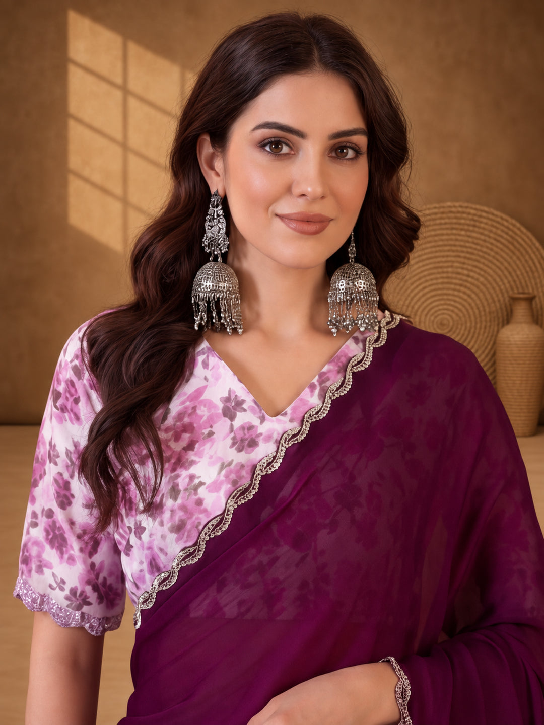 Rich Wine Heavy Satin Chiffon Saree with Handcrafted Work – By Jaipur Kurti