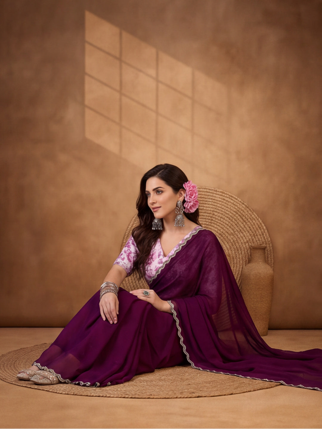 Rich Wine Heavy Satin Chiffon Saree with Handcrafted Work – By Jaipur Kurti