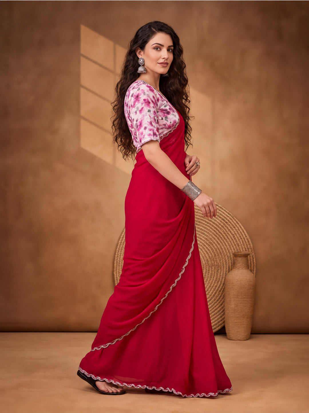 Rust Orange Heavy Satin Chiffon Saree with Designer Embellishments – By Jaipur Kurti