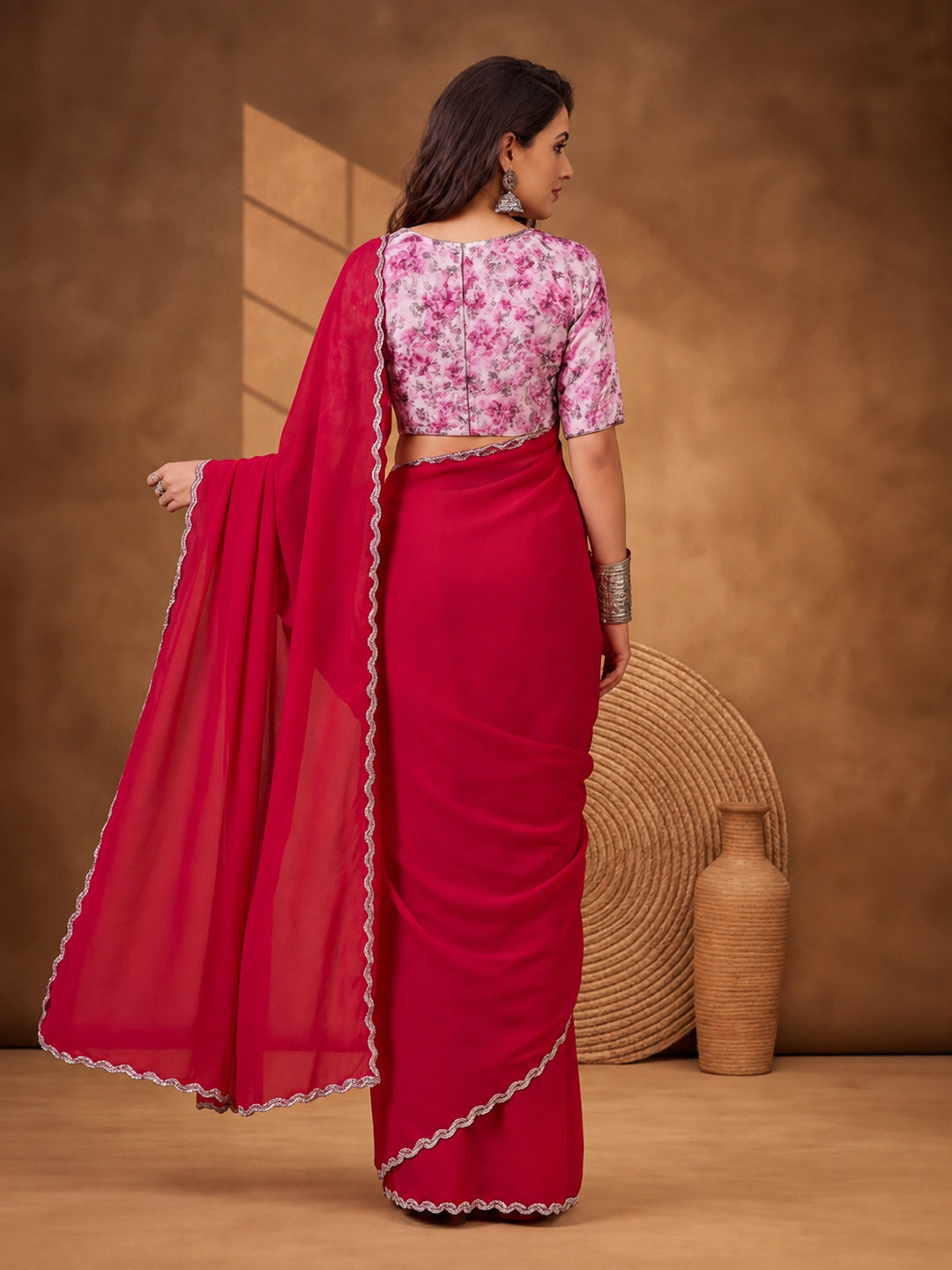 Rust Orange Heavy Satin Chiffon Saree with Designer Embellishments – By Jaipur Kurti