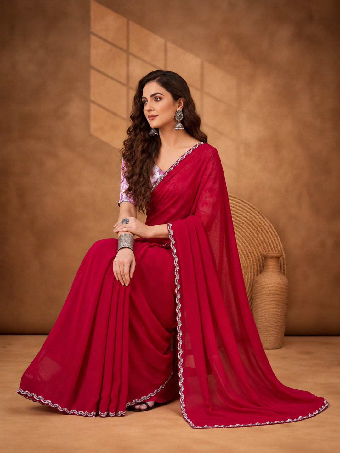 Rust Orange Heavy Satin Chiffon Saree with Designer Embellishments – By Jaipur Kurti