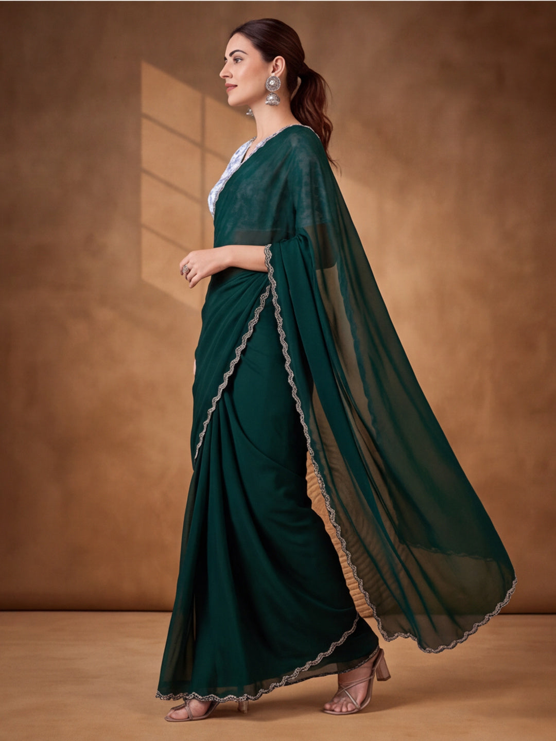 Refreshing Green Satin Chiffon Embellished Saree for Festive Occasions – By Jaipur Kurti