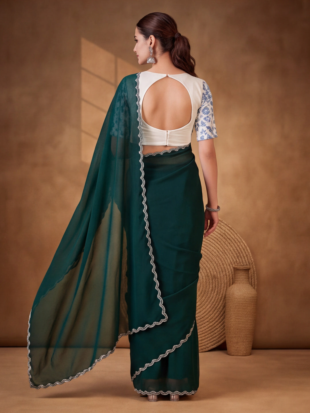 Refreshing Green Satin Chiffon Embellished Saree for Festive Occasions – By Jaipur Kurti