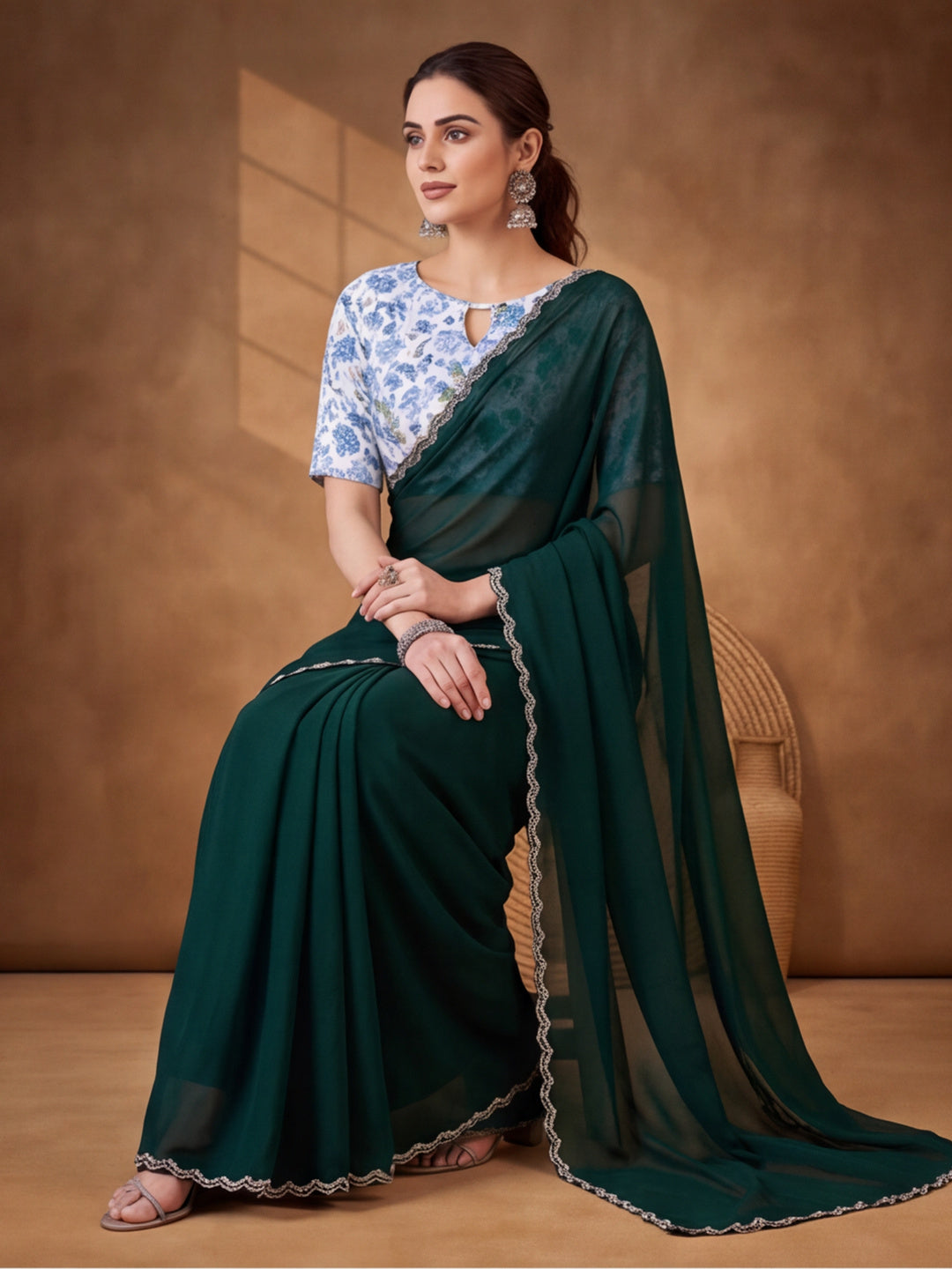 Refreshing Green Satin Chiffon Embellished Saree for Festive Occasions – By Jaipur Kurti