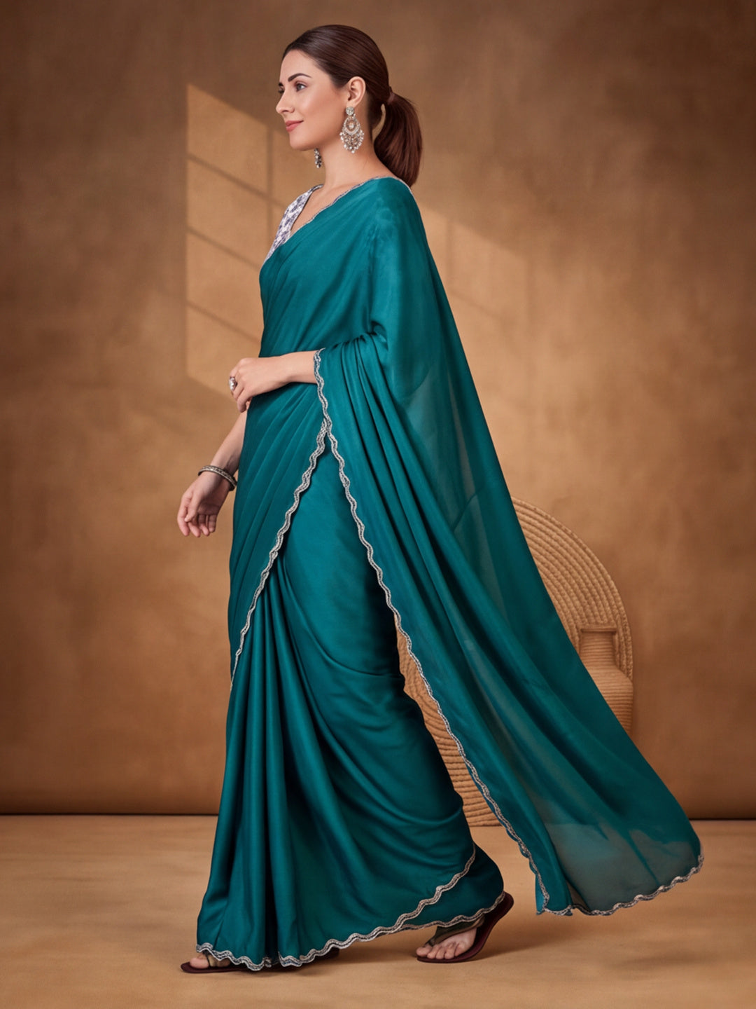 Trendy Teal Heavy Satin Chiffon Saree with Decorative Embellishments – By Jaipur Kurti