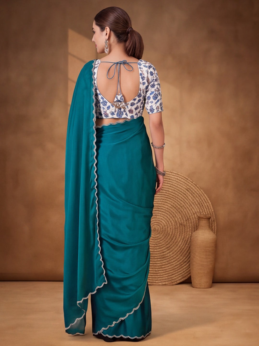 Trendy Teal Heavy Satin Chiffon Saree with Decorative Embellishments – By Jaipur Kurti