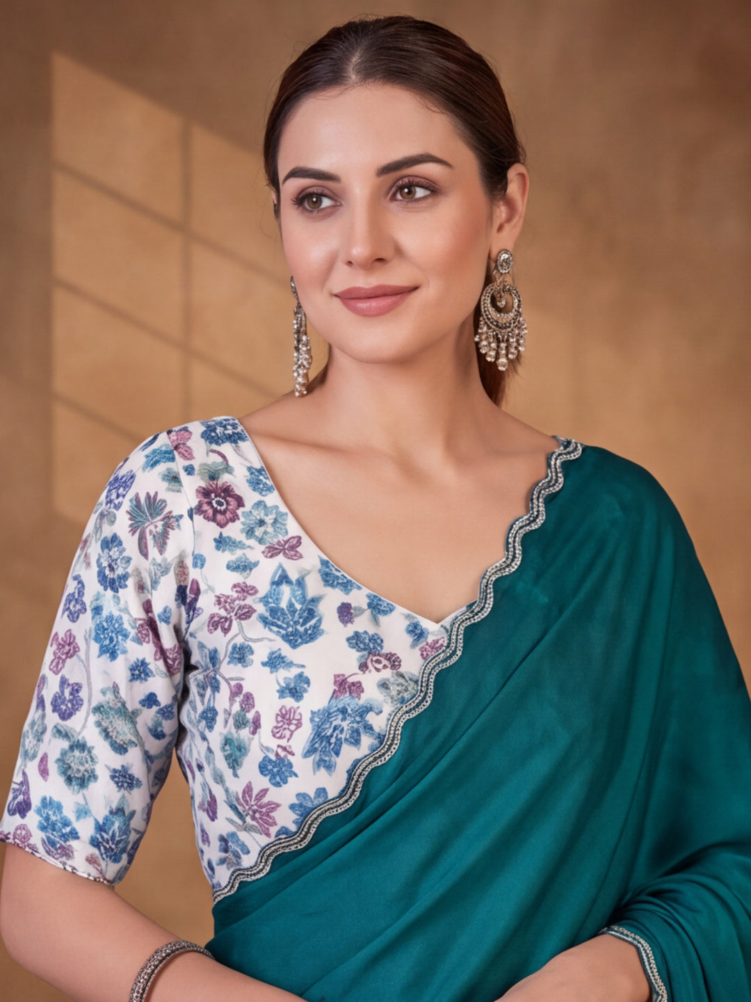 Trendy Teal Heavy Satin Chiffon Saree with Decorative Embellishments – By Jaipur Kurti
