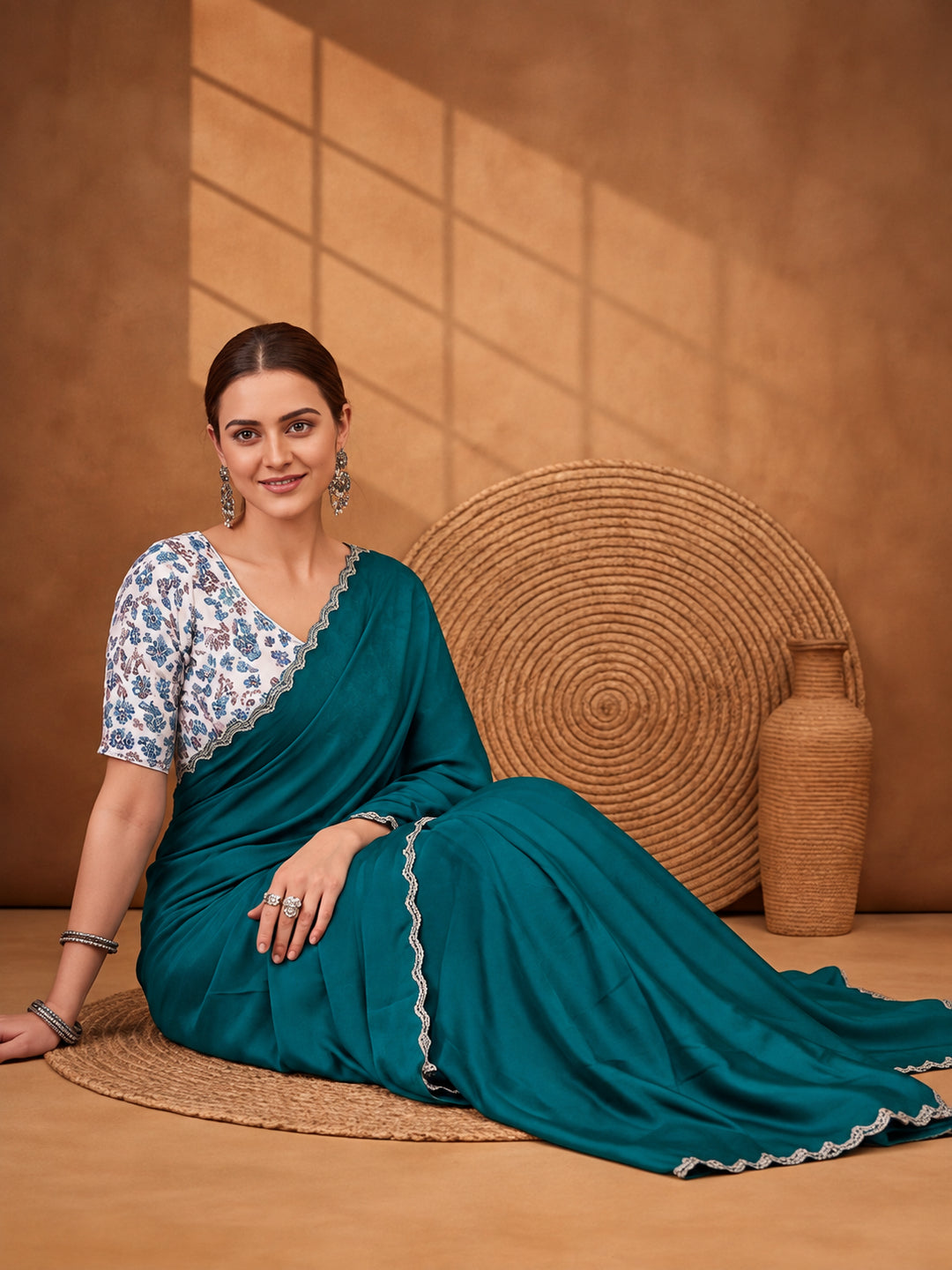 Trendy Teal Heavy Satin Chiffon Saree with Decorative Embellishments – By Jaipur Kurti