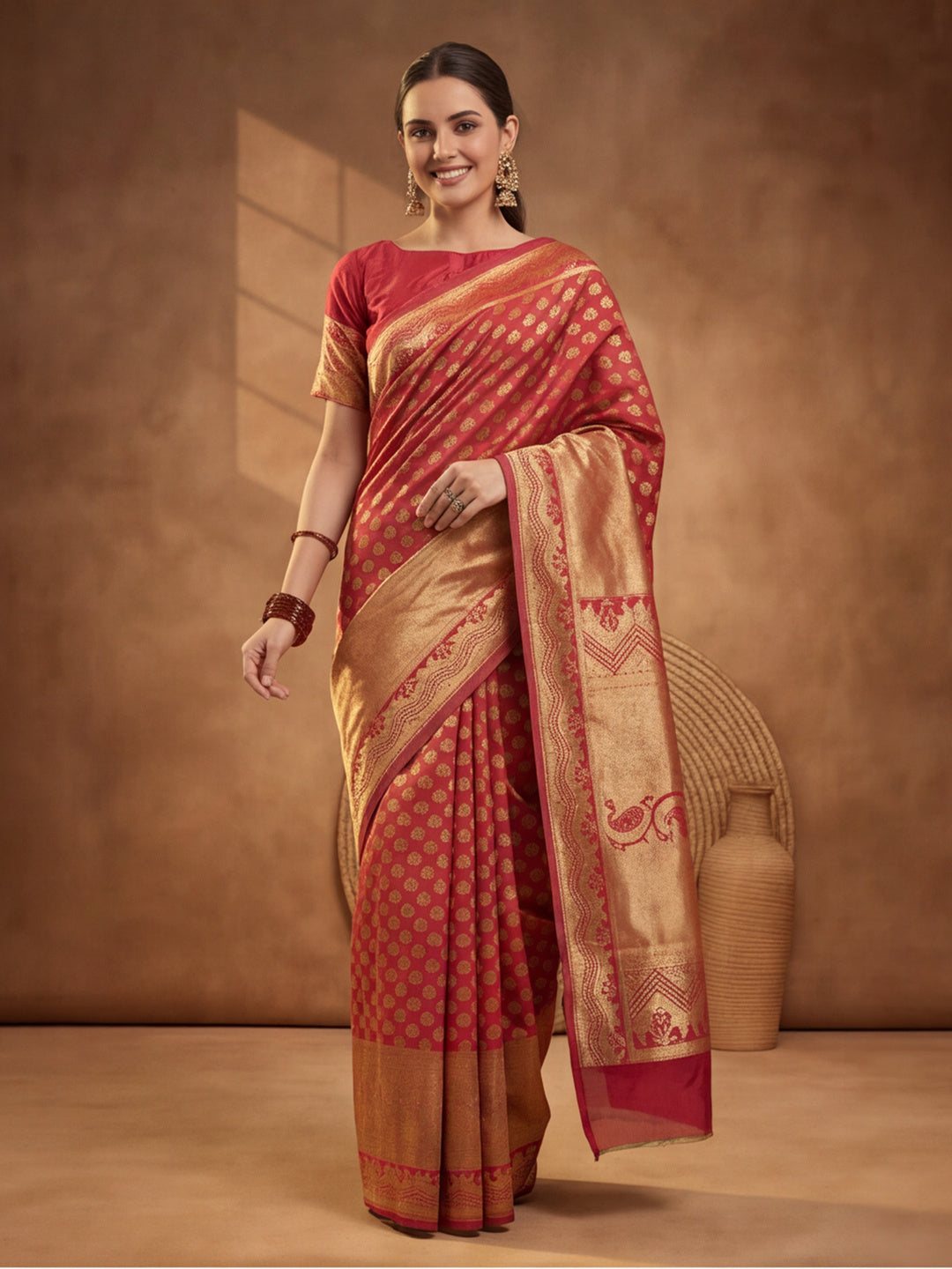 Jaipur Kurti Women'S Red Colour Designer Weaving Saree