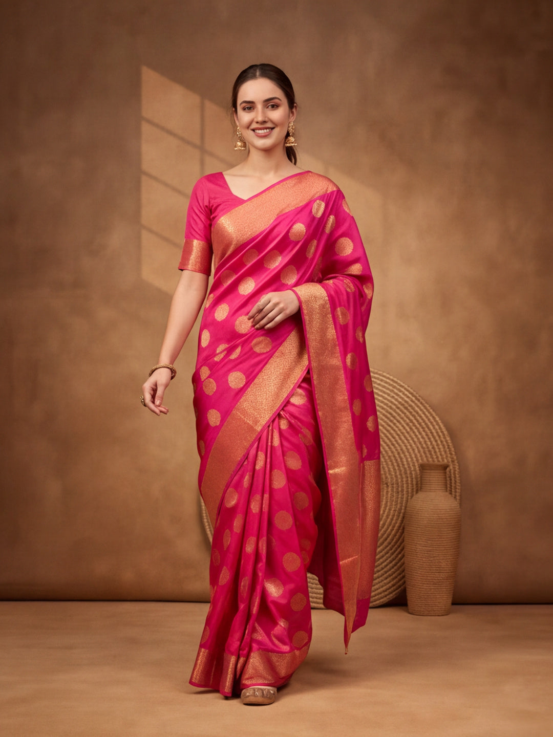 Jaipur Kurti Women'S Beautifull Weaving Work Pink Saree