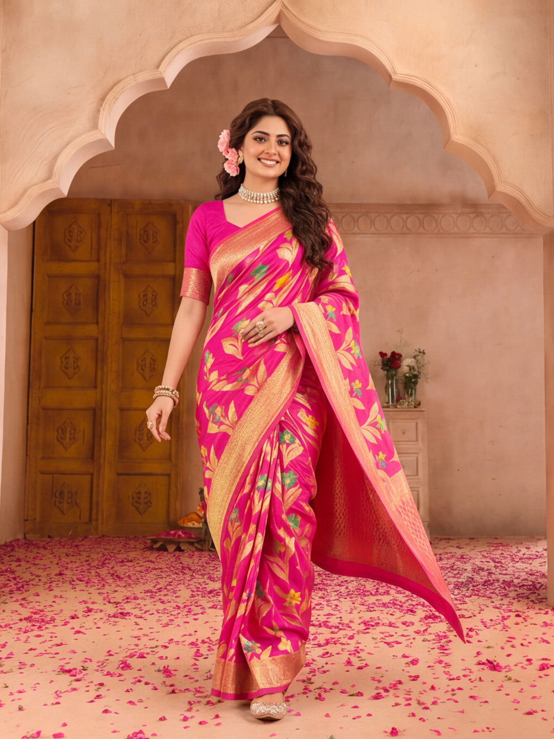 Pink Color Weaving Work Cotton Saree By Jaipur Kurti