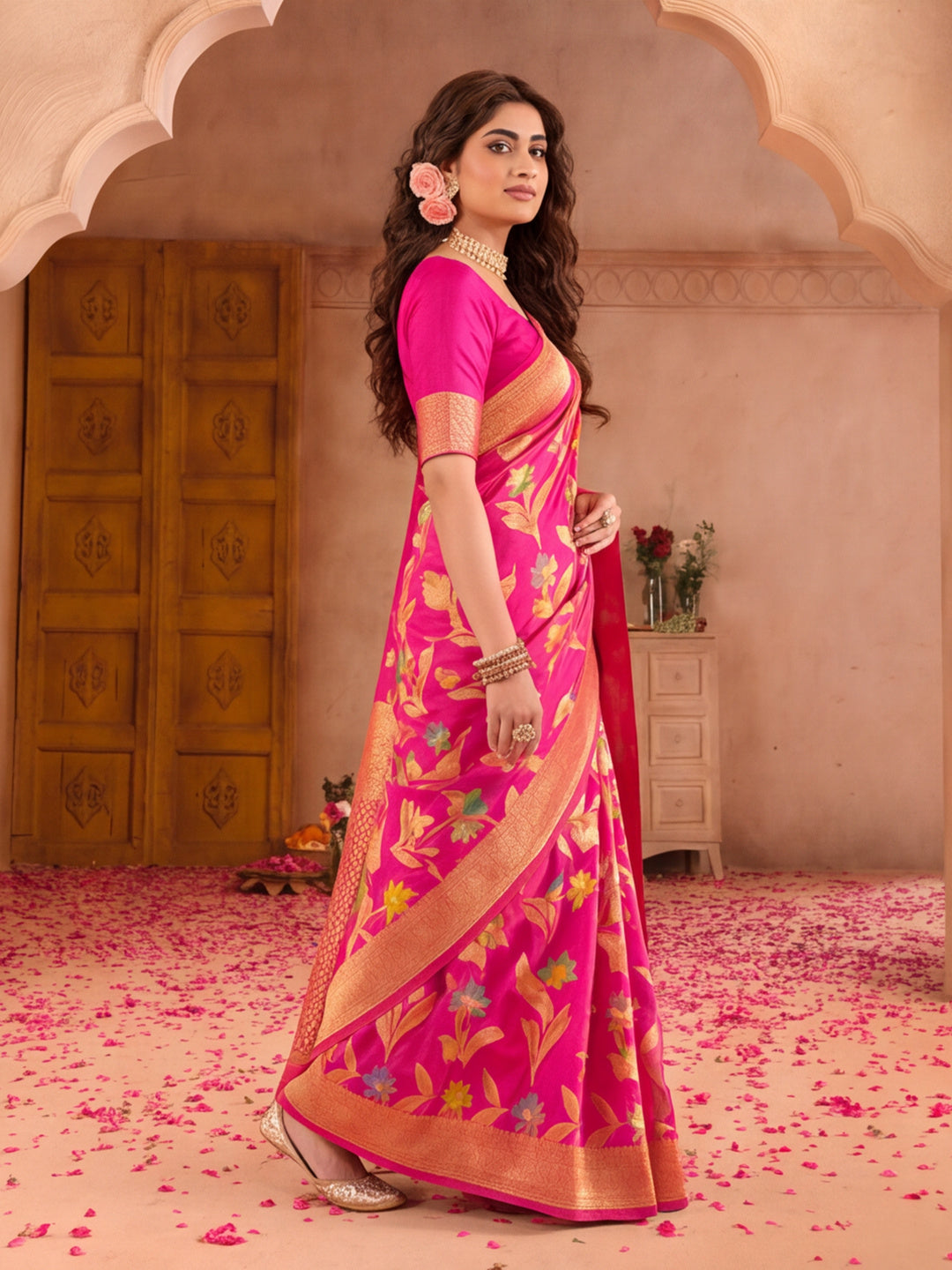 Pink Color Weaving Work Cotton Saree By Jaipur Kurti