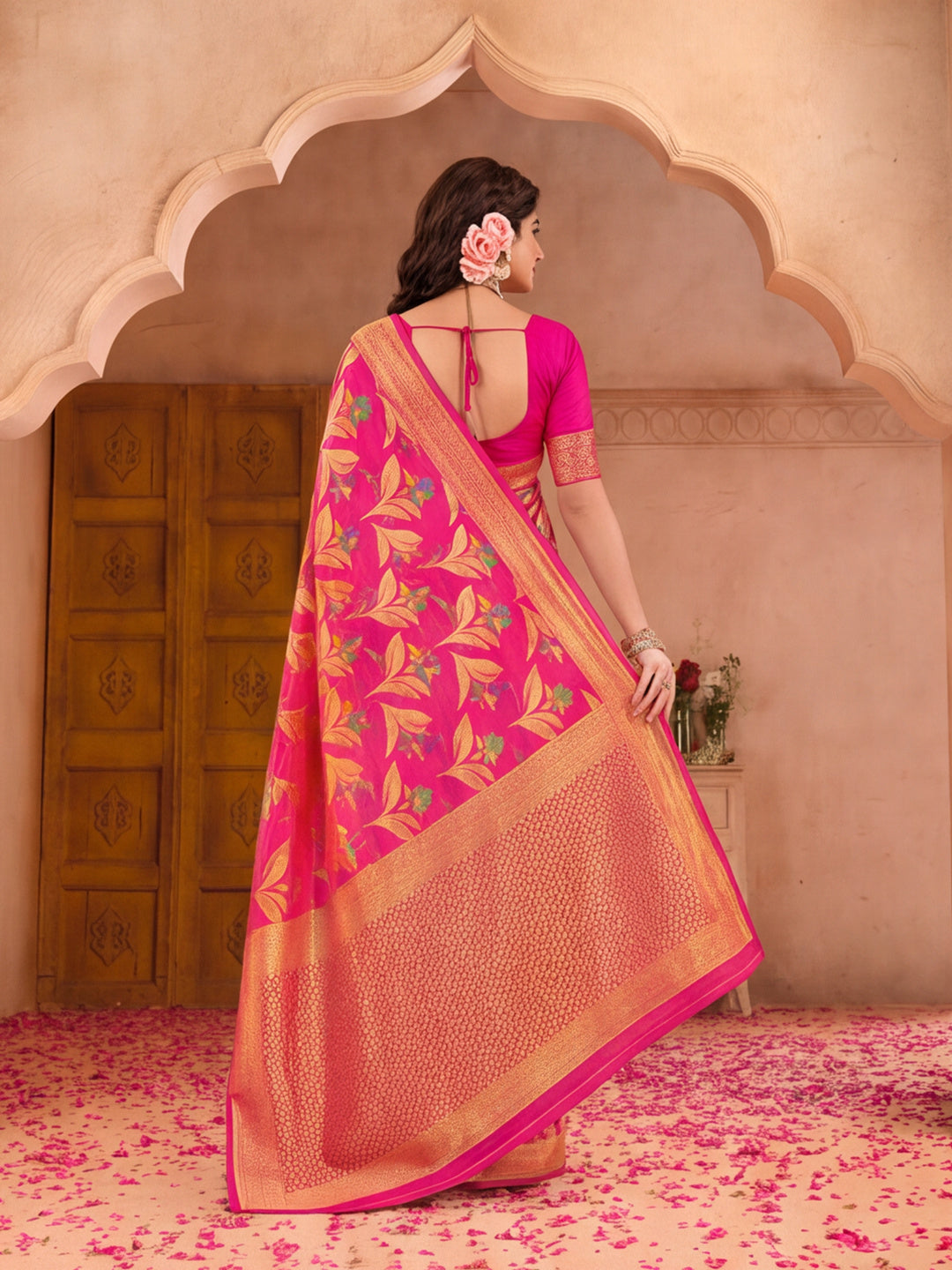Pink Color Weaving Work Cotton Saree By Jaipur Kurti