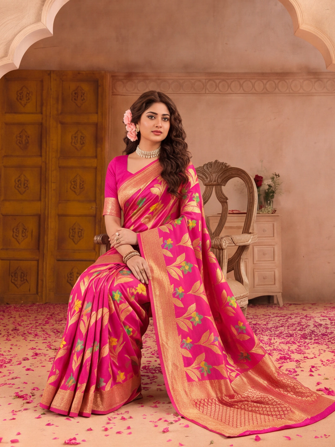 Pink Color Weaving Work Cotton Saree By Jaipur Kurti