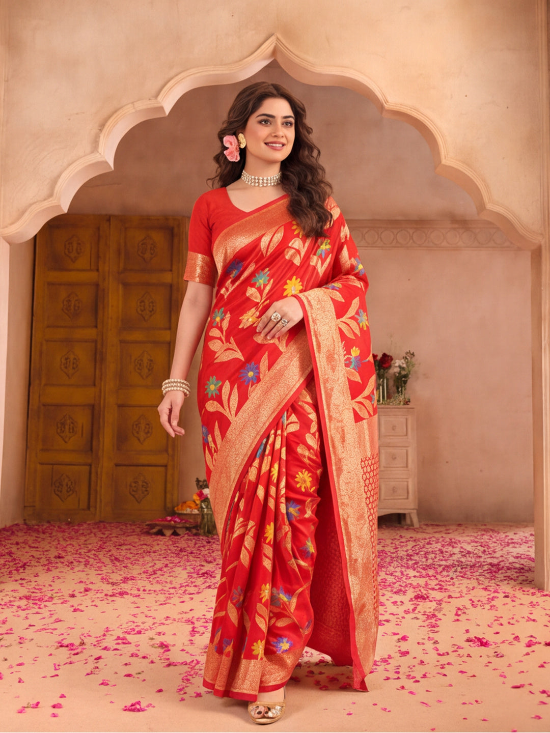 Red Color Weaving Work Cotton Saree By Jaipur Kurti