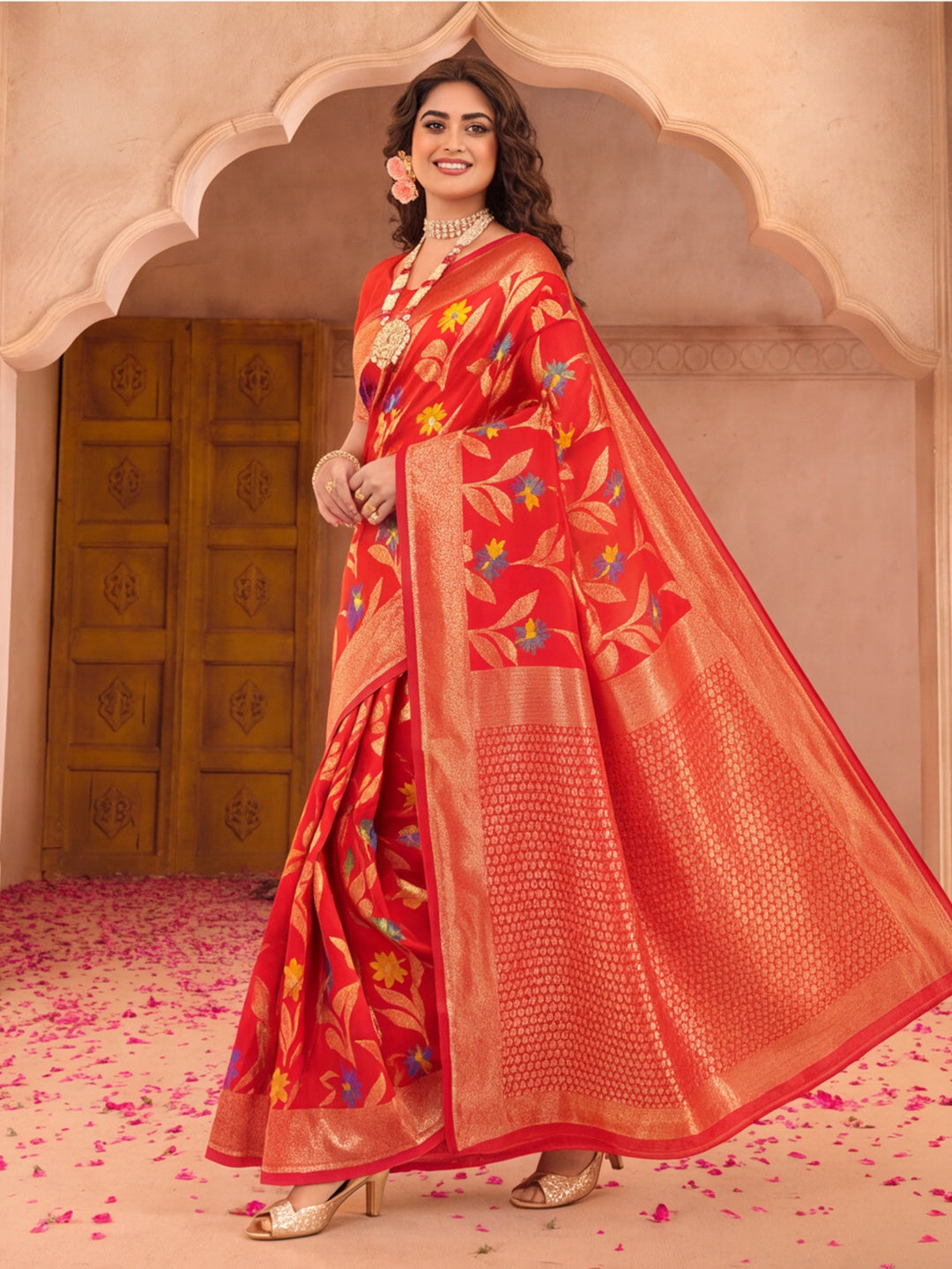 Red Color Weaving Work Cotton Saree By Jaipur Kurti