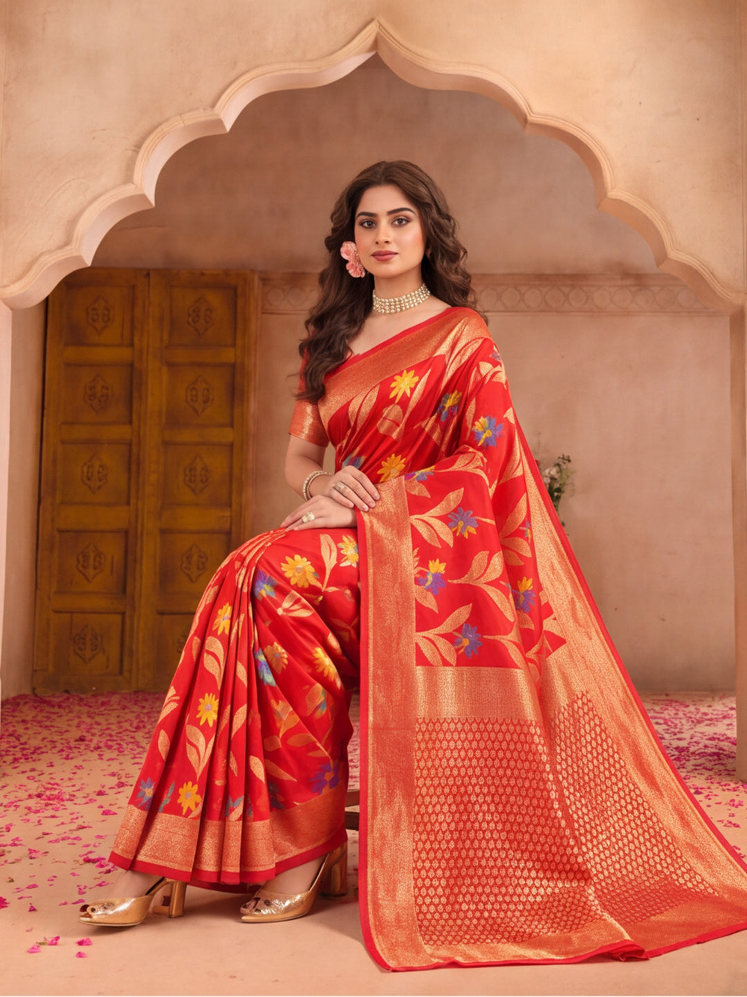 Red Color Weaving Work Cotton Saree By Jaipur Kurti