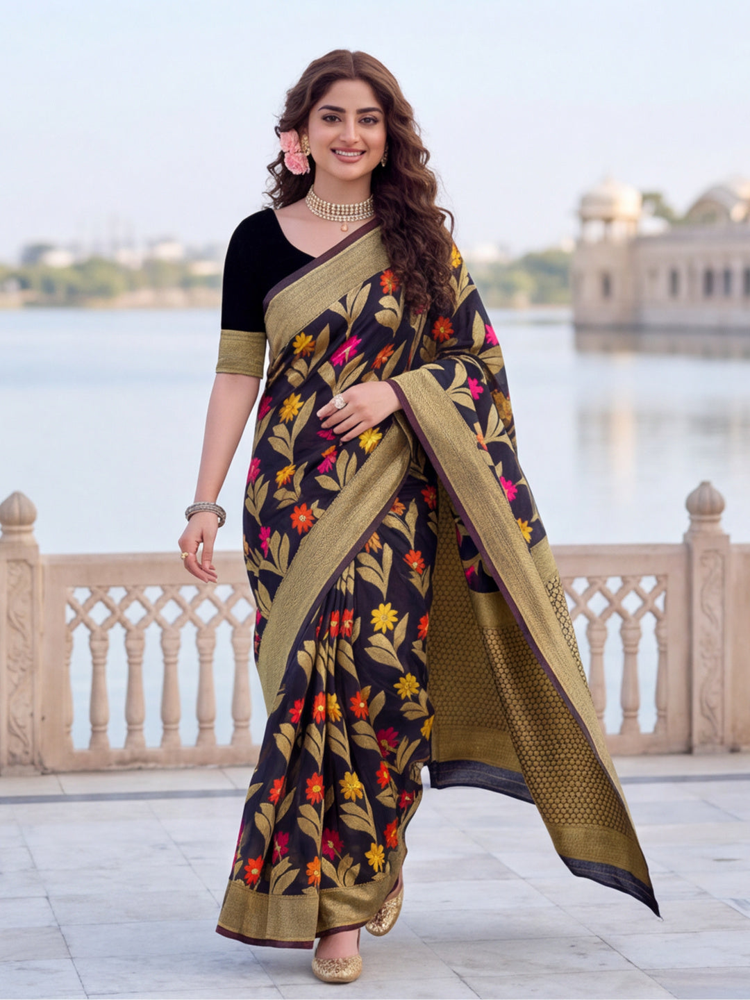 Black Color Weaving Work Cotton Saree By Jaipur Kurti