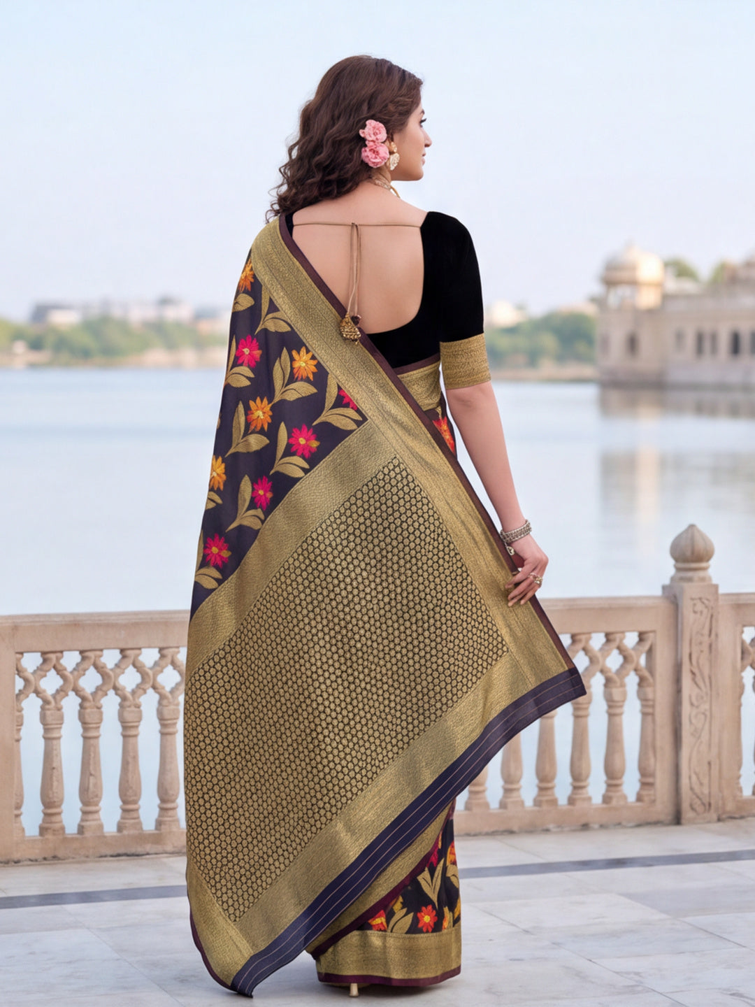 Black Color Weaving Work Cotton Saree By Jaipur Kurti