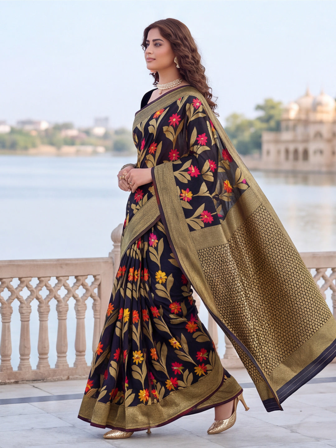Black Color Weaving Work Cotton Saree By Jaipur Kurti