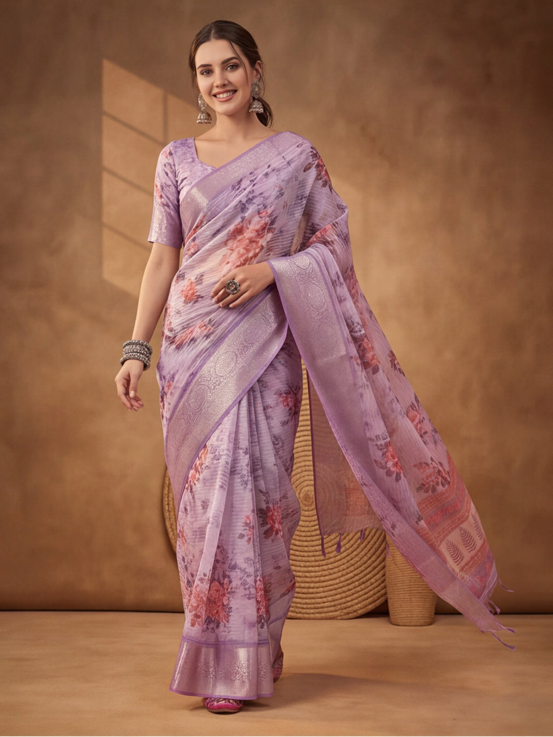 Lavender Tusser Silk Saree with Elegant Digital Artwork – By Jaipur Kurti