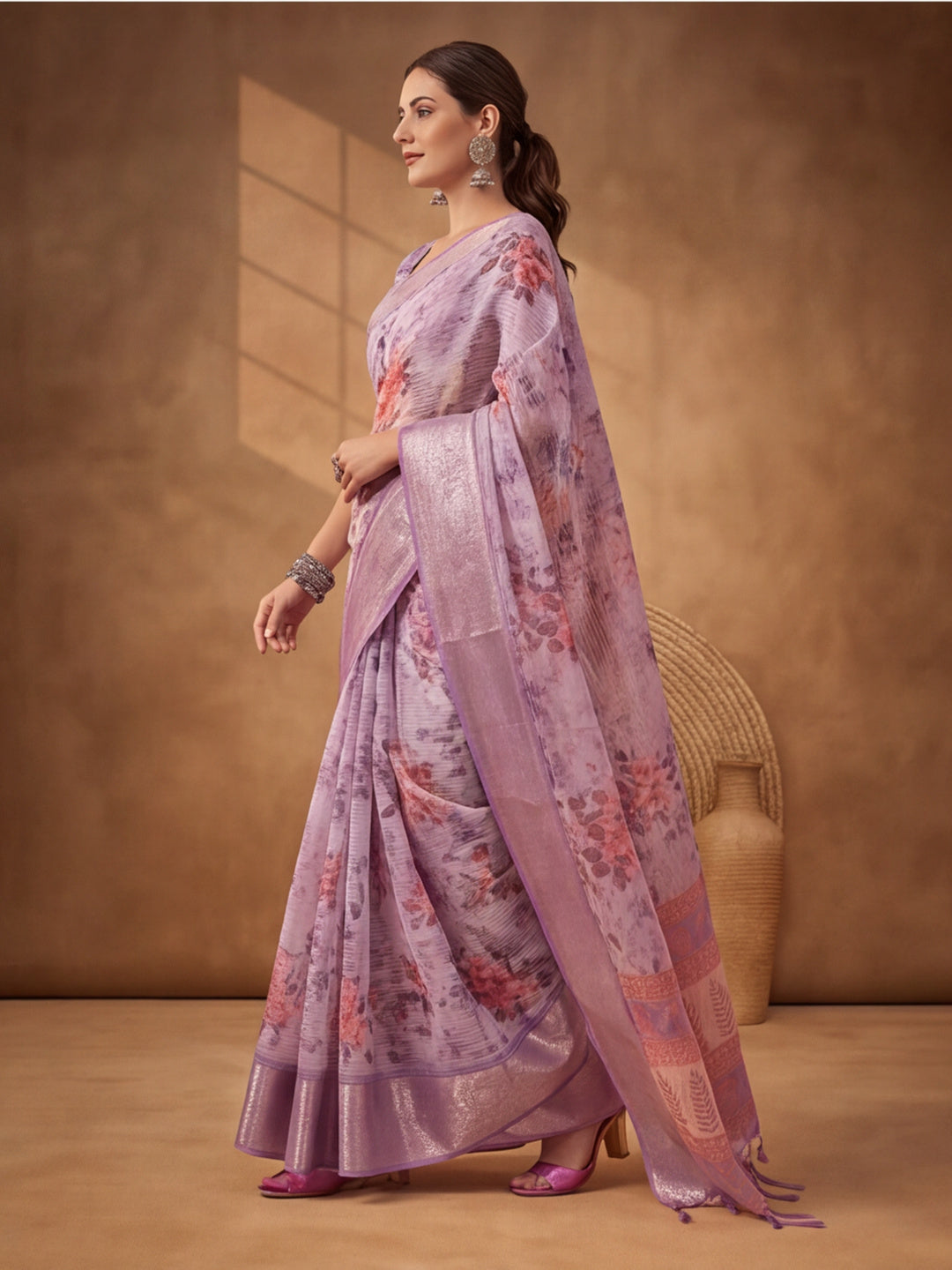Lavender Tusser Silk Saree with Elegant Digital Artwork – By Jaipur Kurti