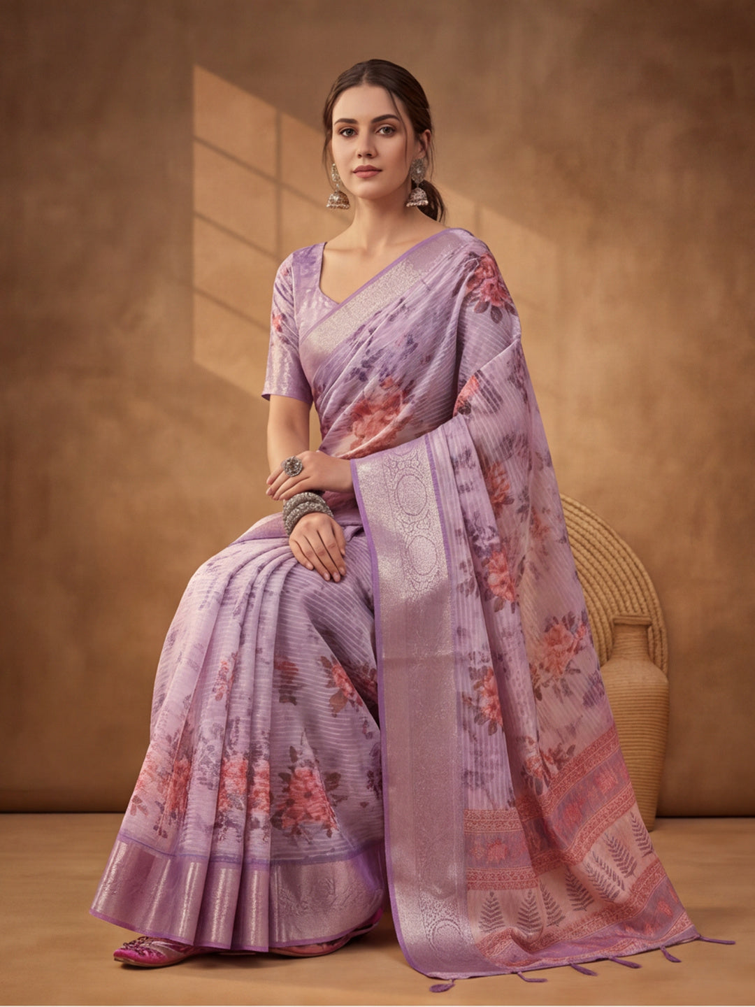 Lavender Tusser Silk Saree with Elegant Digital Artwork – By Jaipur Kurti