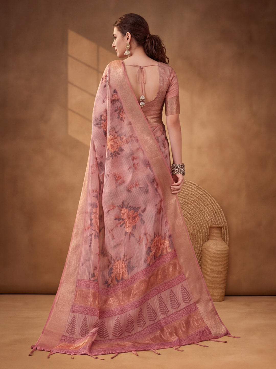 Peach Tusser Silk Saree with Subtle and Sophisticated Digital Prints – By Jaipur Kurti
