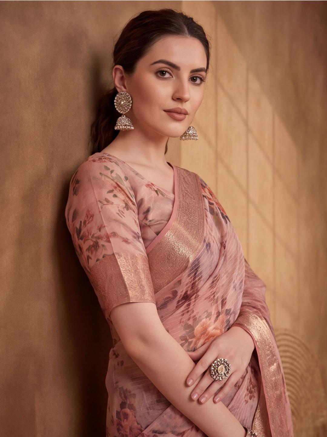 Peach Tusser Silk Saree with Subtle and Sophisticated Digital Prints – By Jaipur Kurti