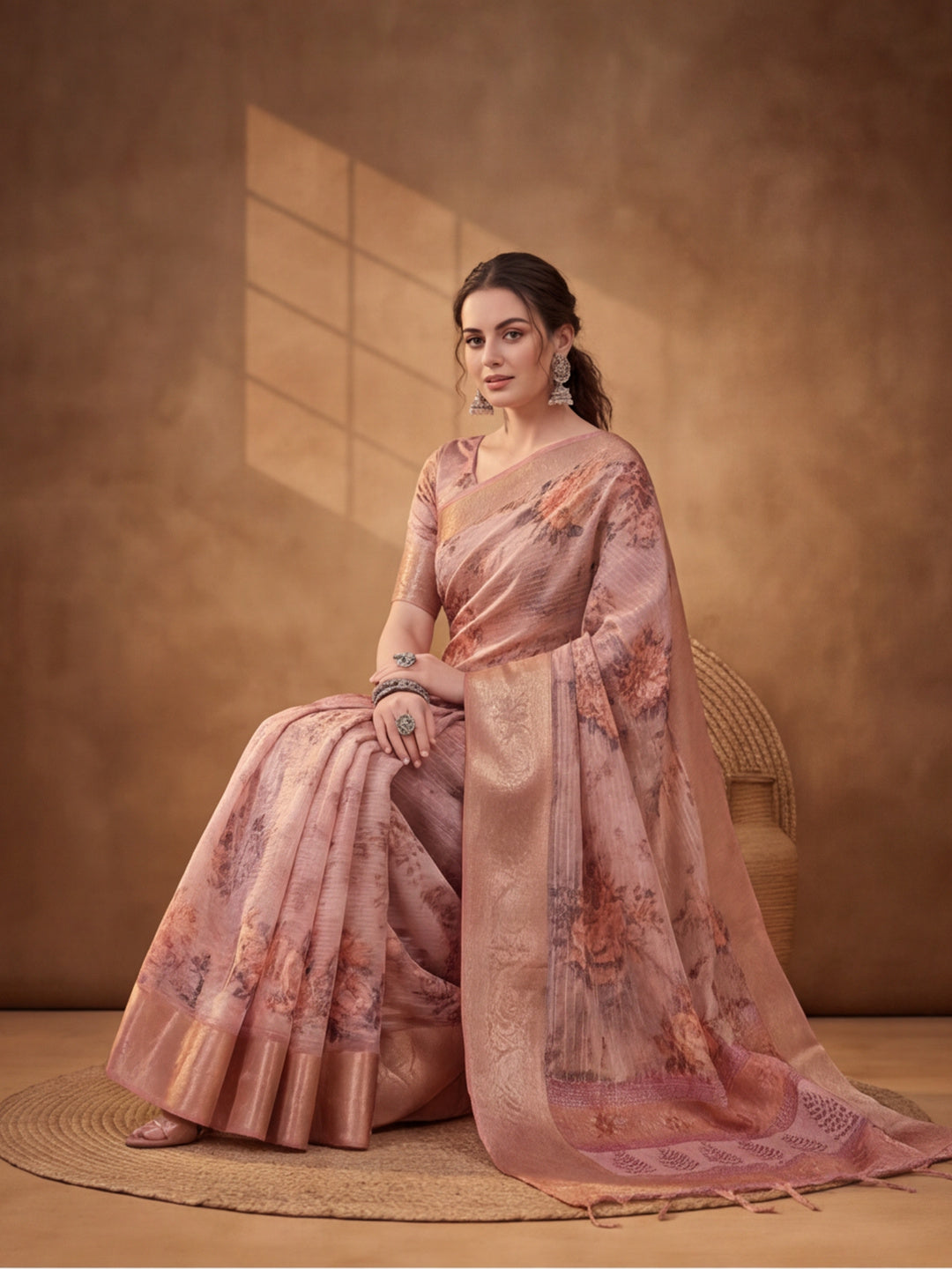 Peach Tusser Silk Saree with Subtle and Sophisticated Digital Prints – By Jaipur Kurti