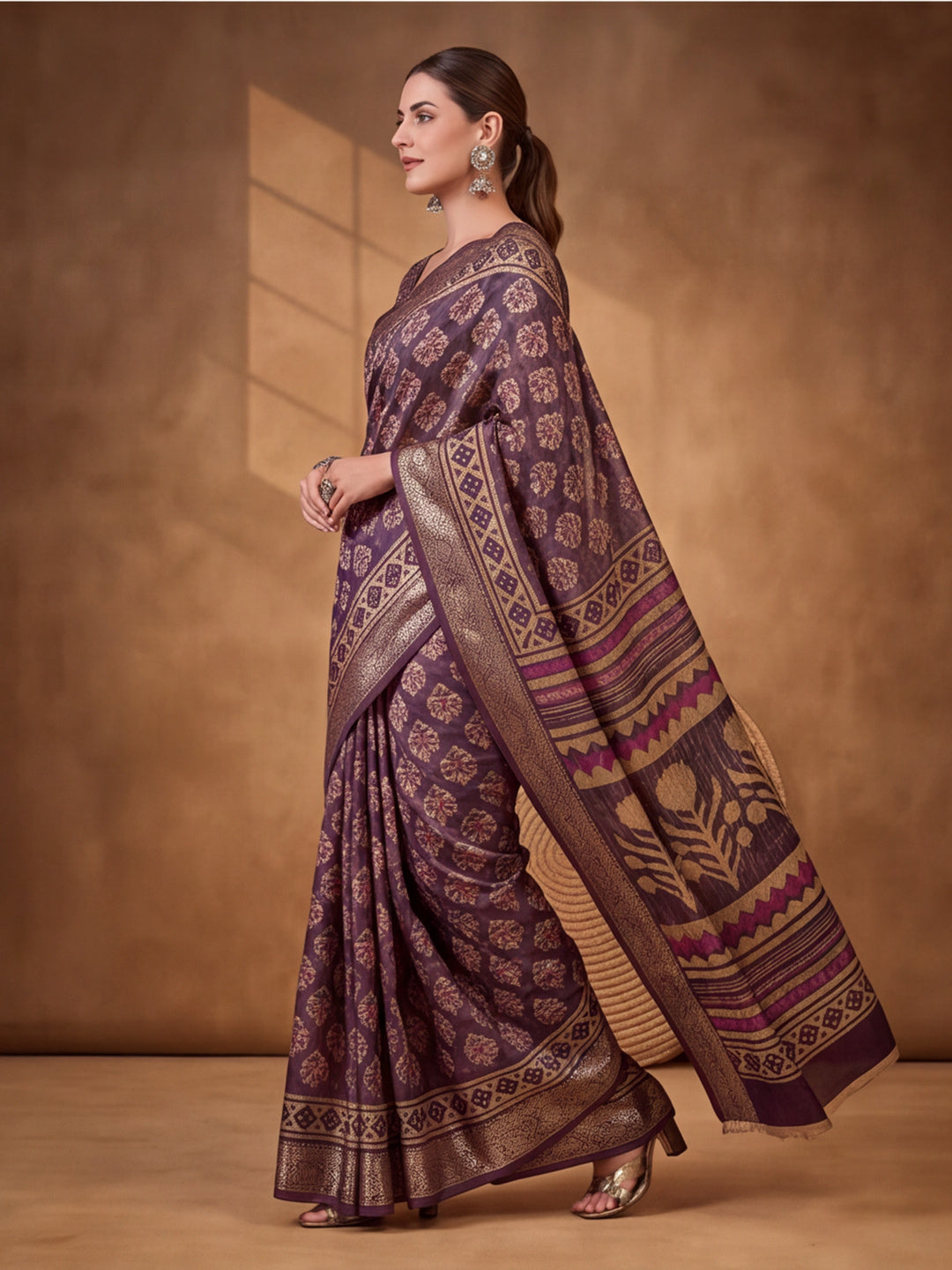 Purple Moss Chiffon Silk Saree with Chic Digital Prints – By Jaipur Kurti