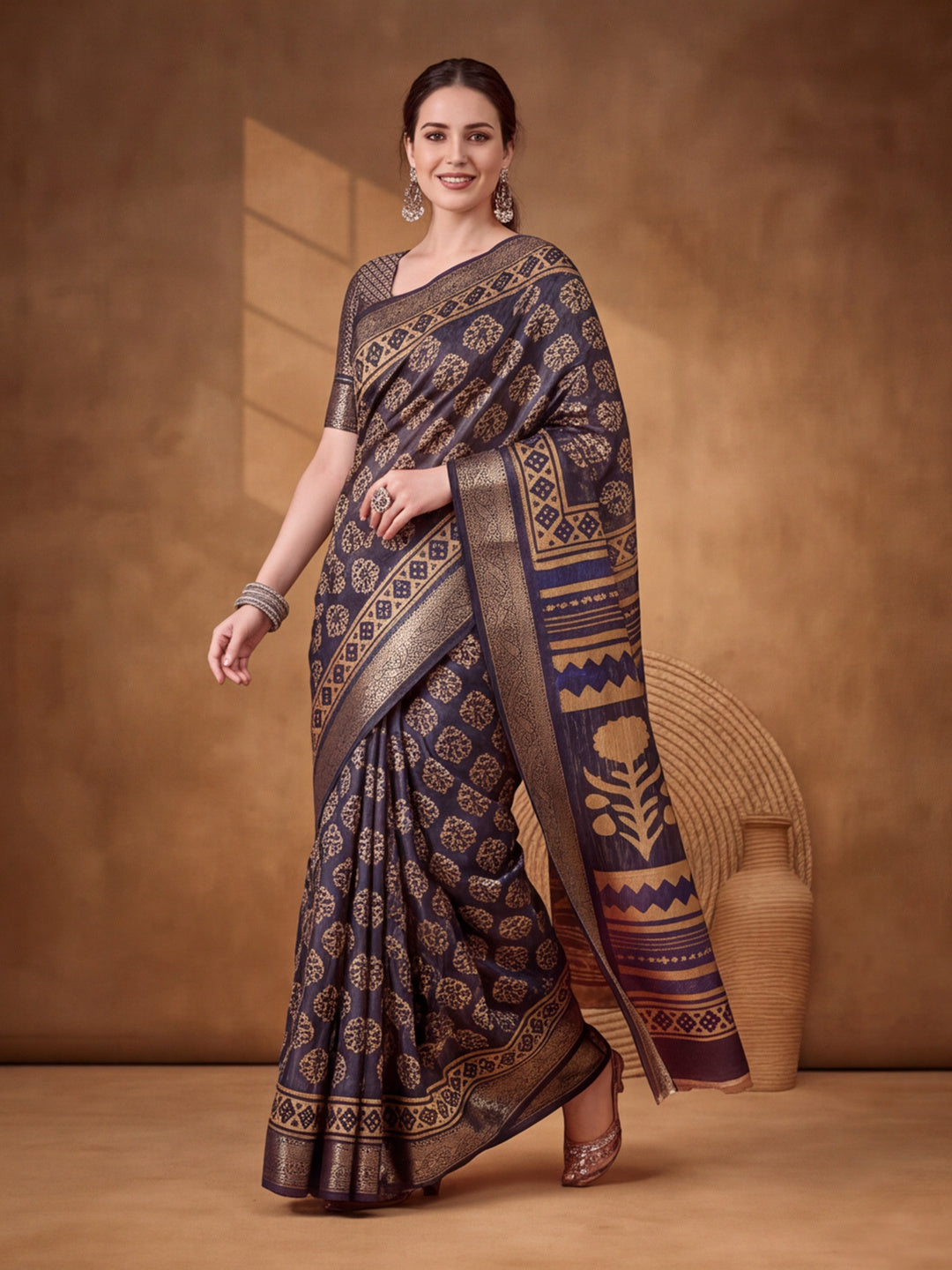 Dark Blue Moss Chiffon Silk Saree with Contemporary Digital Motifs – By Jaipur Kurti