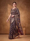Dark Blue Moss Chiffon Silk Saree with Contemporary Digital Motifs – By Jaipur Kurti