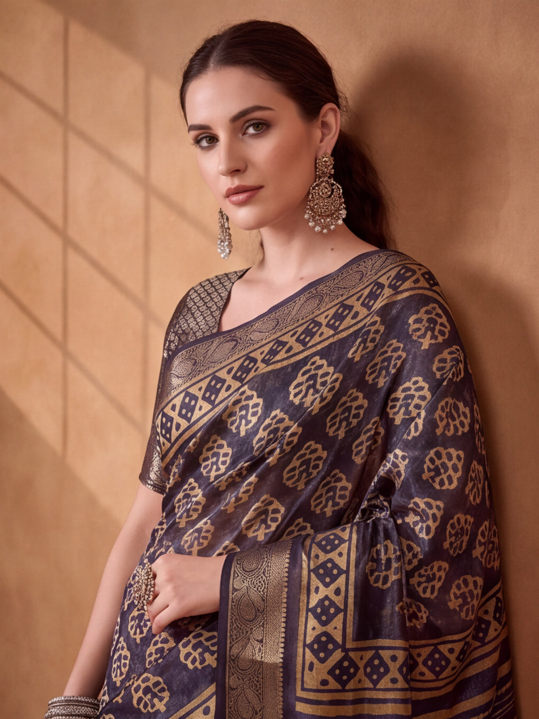 Dark Blue Moss Chiffon Silk Saree with Contemporary Digital Motifs – By Jaipur Kurti