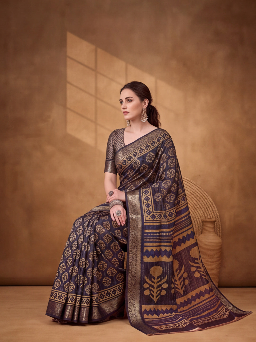 Dark Blue Moss Chiffon Silk Saree with Contemporary Digital Motifs – By Jaipur Kurti