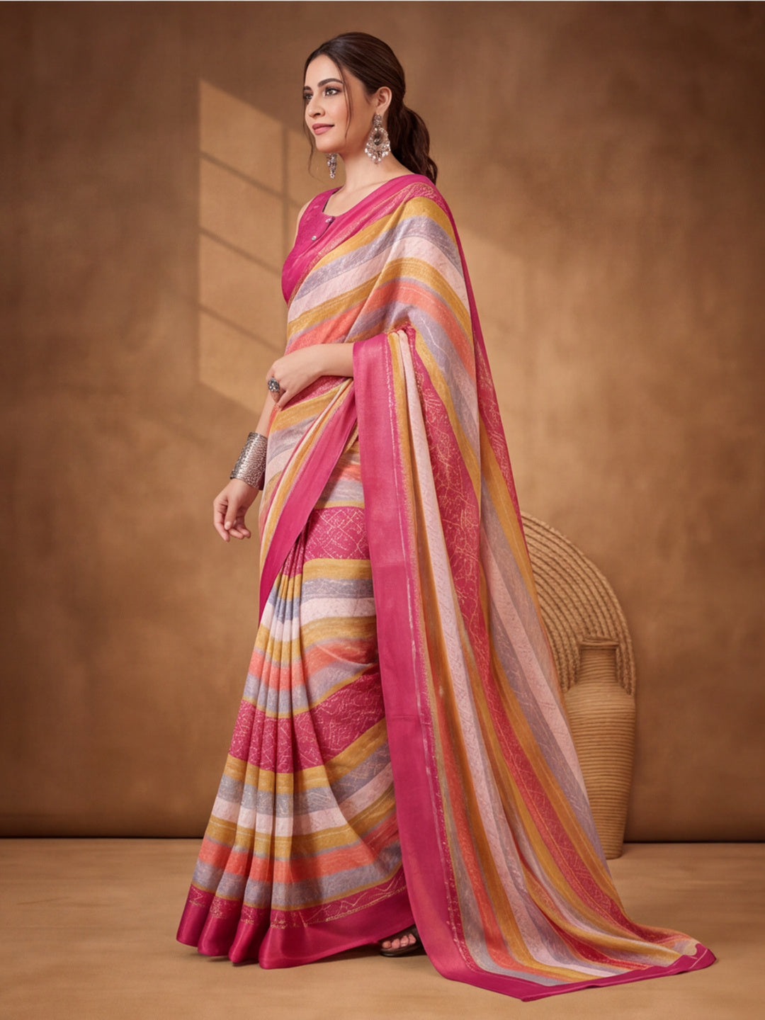 Pink Moss Chiffon Saree with Stunning Floral Digital Prints – By Jaipur Kurti