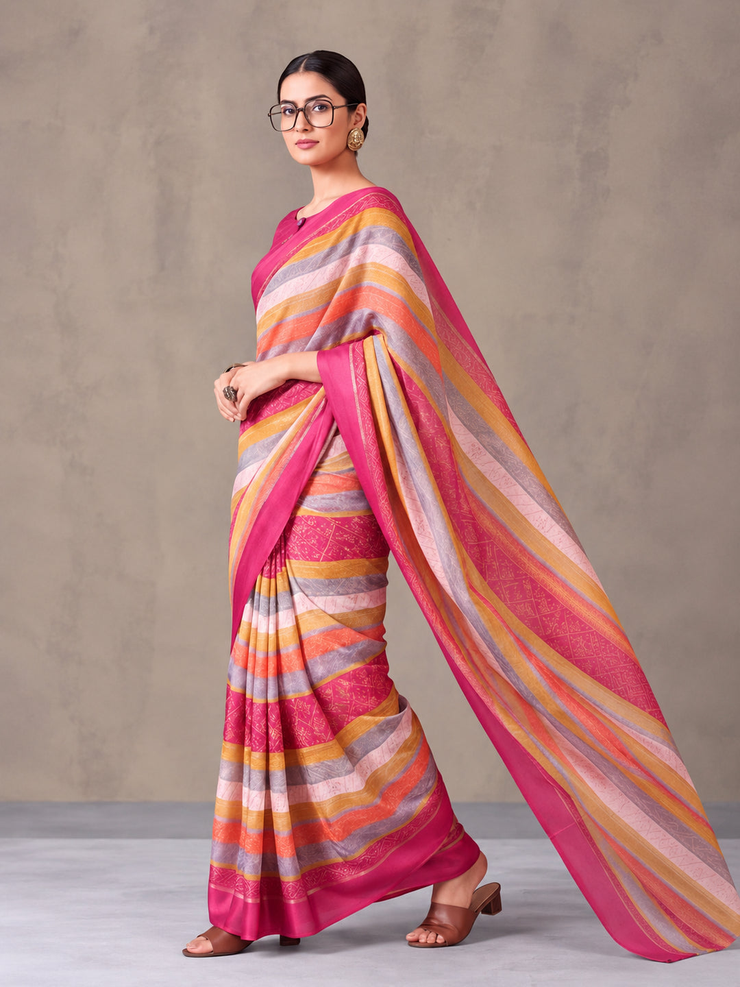 Pink Moss Chiffon Saree with Stunning Floral Digital Prints – By Jaipur Kurti