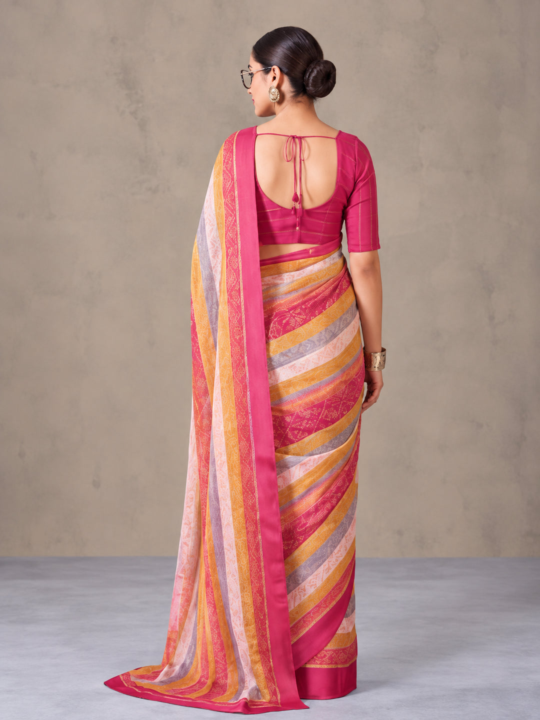 Pink Moss Chiffon Saree with Stunning Floral Digital Prints – By Jaipur Kurti