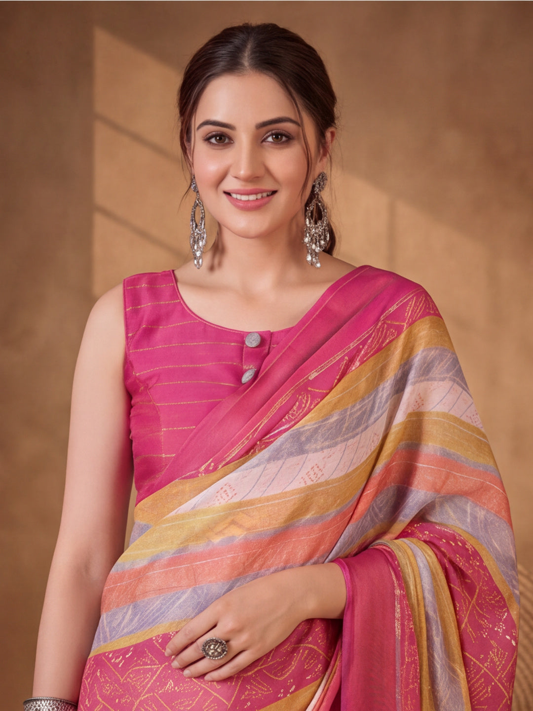 Pink Moss Chiffon Saree with Stunning Floral Digital Prints – By Jaipur Kurti